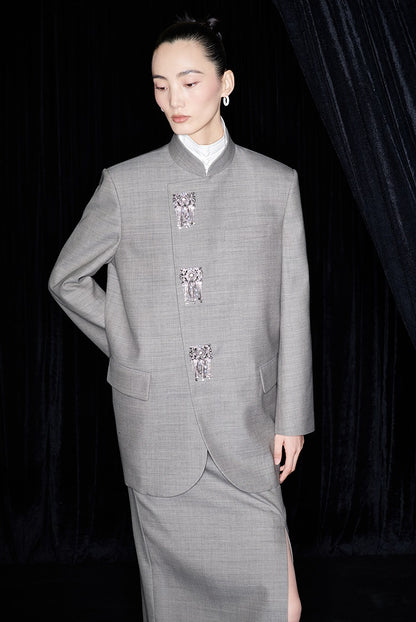 M essential Mackay designer raw linen skinny wool crystal lamp tassel bead suit - CHEN.