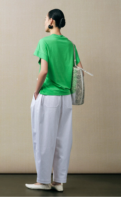 ZHUCHONGYUN wide-shouldered pleated waist slim crewneck top-CAMEL.