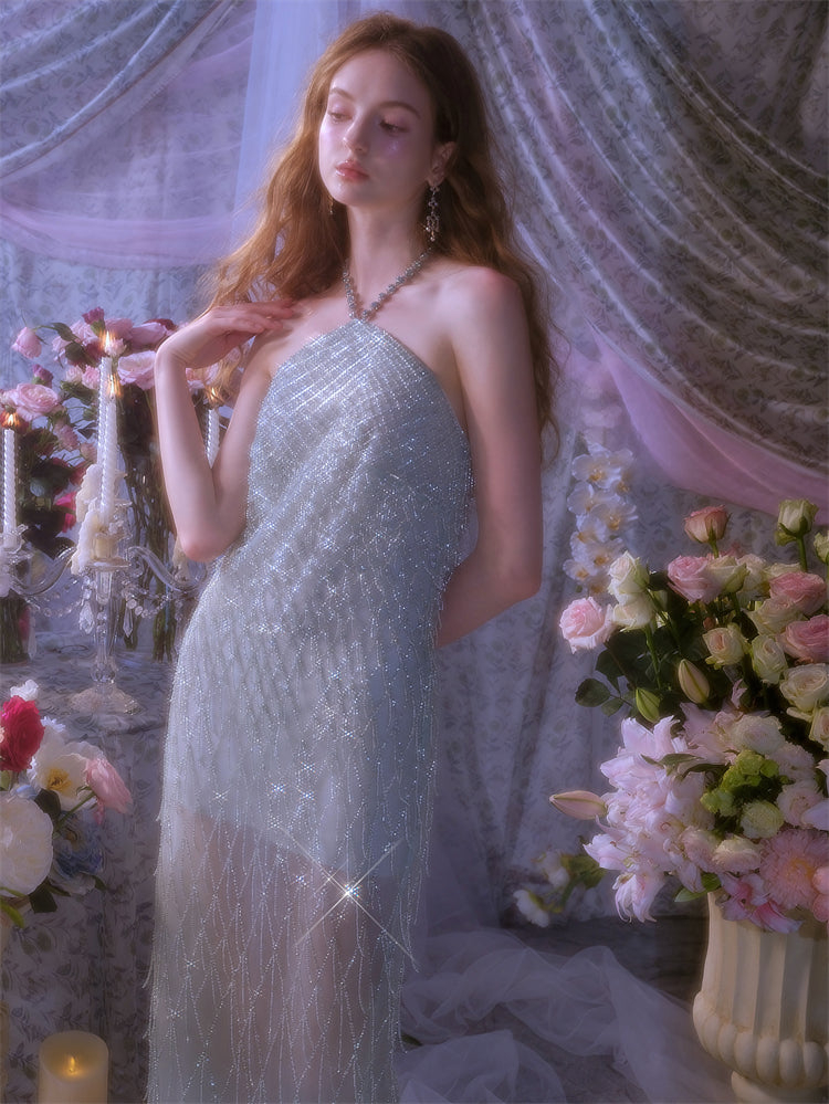 Wardrobes by Chen Elegant Green Halter Tassel cocktail party Dress-Zen