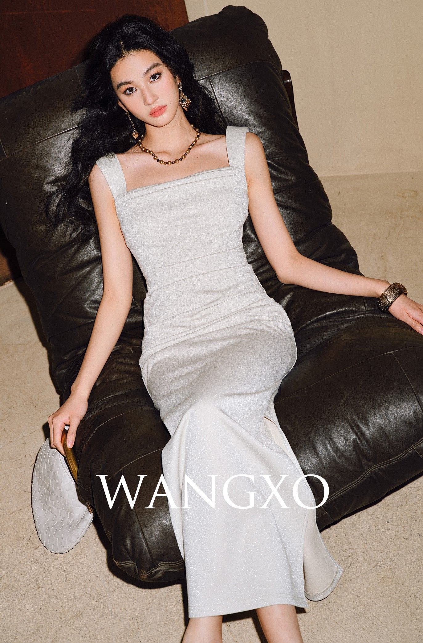 WANGXO | Shiny Silk Stretch Roman Knitwear Square Neck Hip Dress-MIRE.