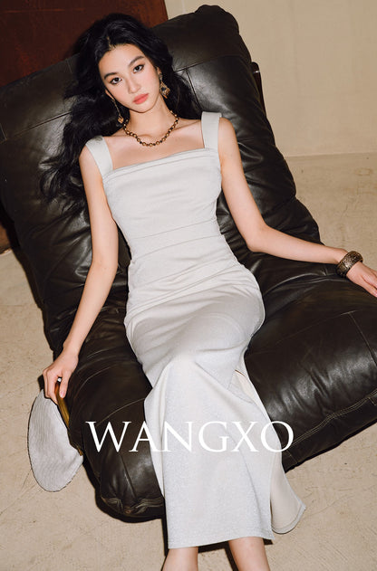 WANGXO | Shiny Silk Stretch Roman Knitwear Square Neck Hip Dress-MIRE.