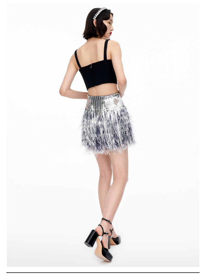 Limited edition high end beaded tassel feather short cocktail silver A-skirt - Lui