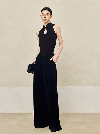 HECO 100% linen drape knitted casual wide-legged black white Pants Women - FINGER.