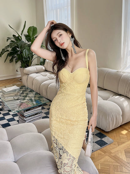 DOLLY Luxury Yellow V-Neck Sleeveless Slim Fit Lace Suspender Dress-TANYA