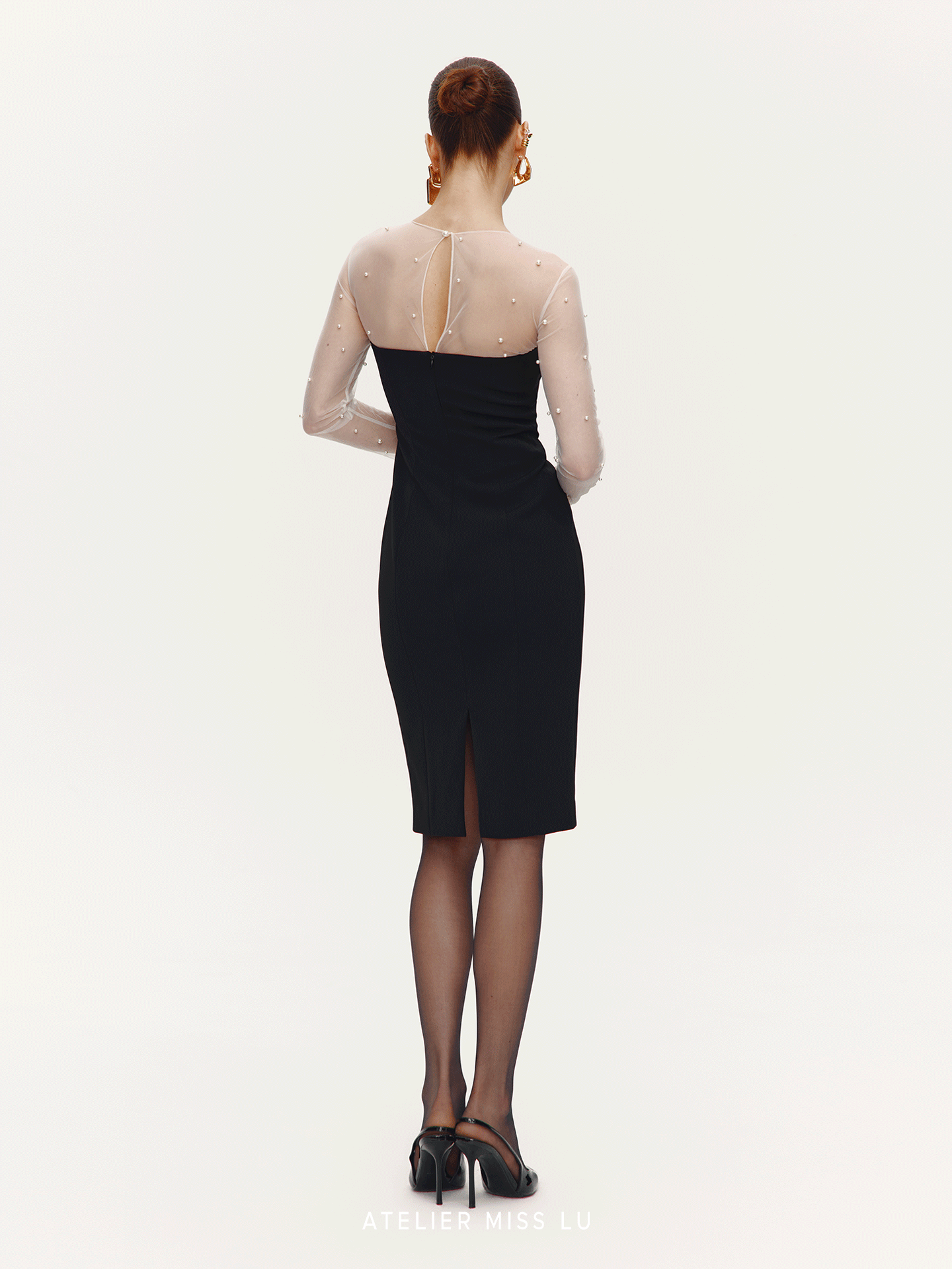ATELIER MISS LU[Pearl Star] Fall/Winter Pearl Stitched Bow Waist Dress - JAGULAR.