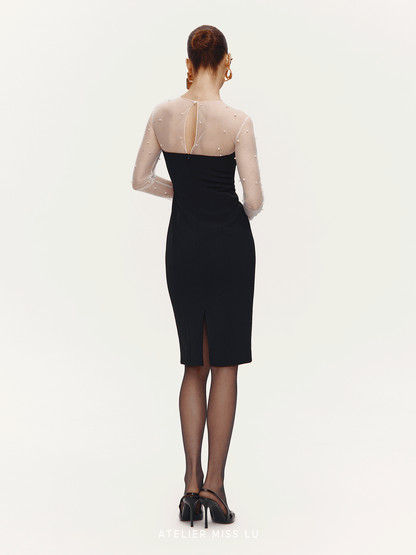 ATELIER MISS LU[Pearl Star] Fall/Winter Pearl Stitched Bow Waist Dress - JAGULAR.