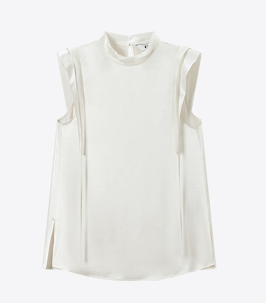 COMME MOI Lv Yan designer summer sleeveless stand collar triple acetate satin top - MEADOW.