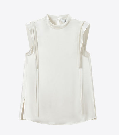 COMME MOI Lv Yan designer summer sleeveless stand collar triple acetate satin top - MEADOW.