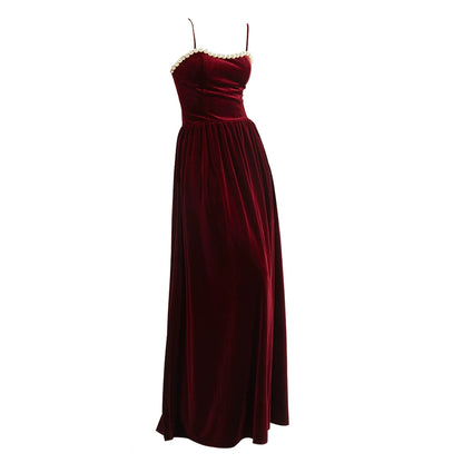 GOUDIN women's long velvet temperament slip evening dresses-LEON.