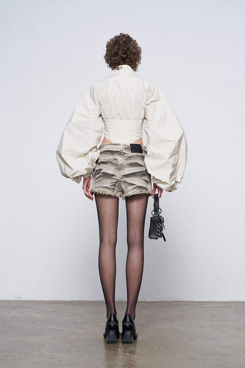 ANNAKIKI Futuristic herringbone shirred slim cropped jacket-KEANE
