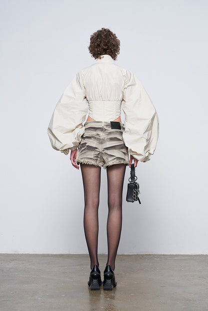 ANNAKIKI Futuristic herringbone shirred slim cropped jacket-KEANE