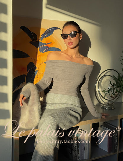 Le Palais Vintage Autumn/Winter Gray Wool Knit Wrap Long Skirt-FERA