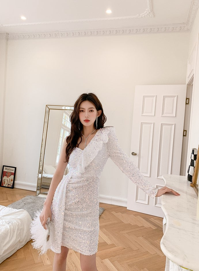 DOLLY Luxury White Sequined Slant Collar Off Shoulder Long Sleeve Dinner Dress-KAKA