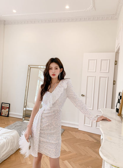 DOLLY Luxury White Sequined Slant Collar Off Shoulder Long Sleeve Dinner Dress-KAKA