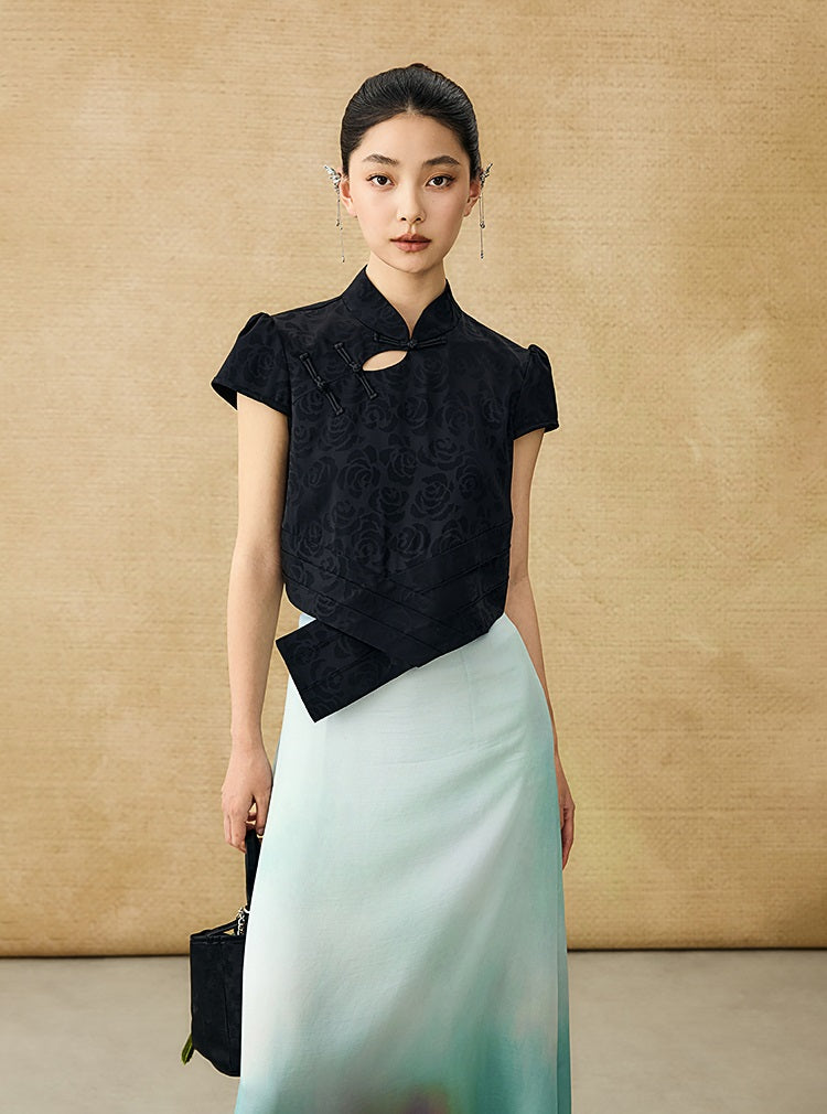 HECO Chinese acetate stand-up collar hollow buckle T-shirt - QUES.