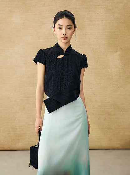 HECO Chinese acetate stand-up collar hollow buckle T-shirt - QUES.