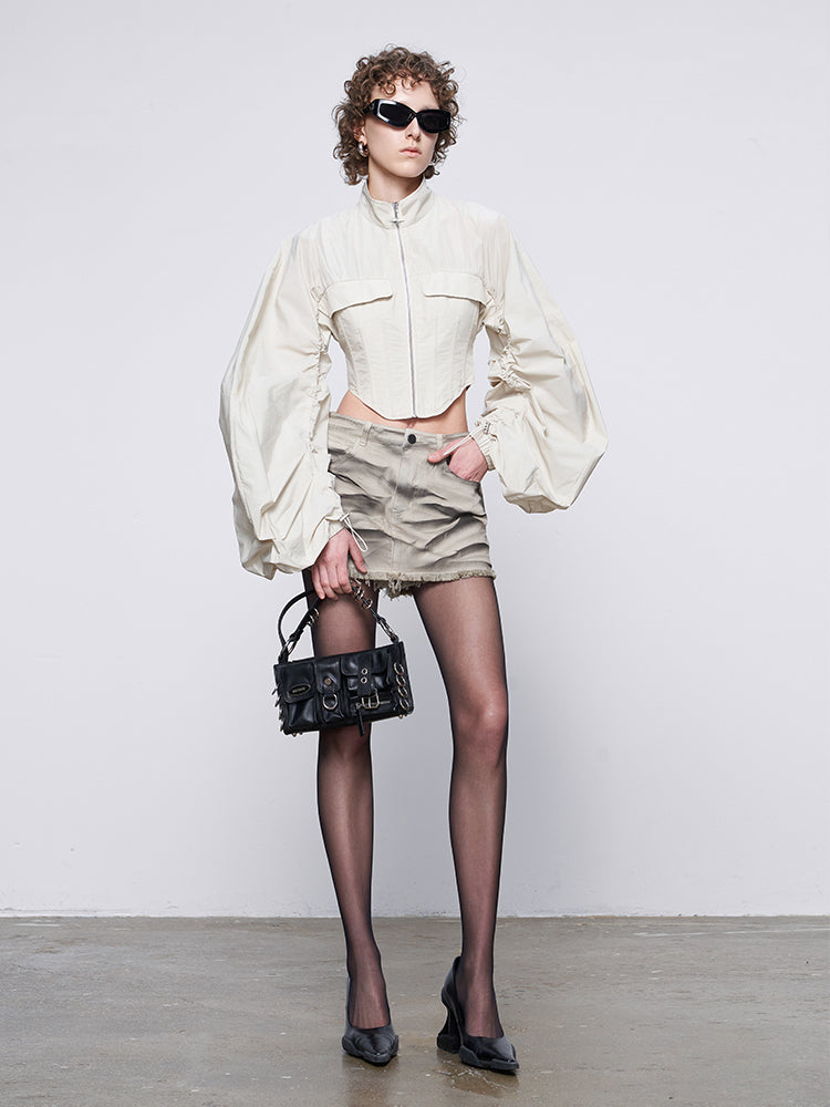 ANNAKIKI Futuristic herringbone shirred slim cropped jacket-KEANE