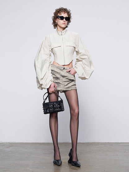 ANNAKIKI Futuristic herringbone shirred slim cropped jacket-KEANE
