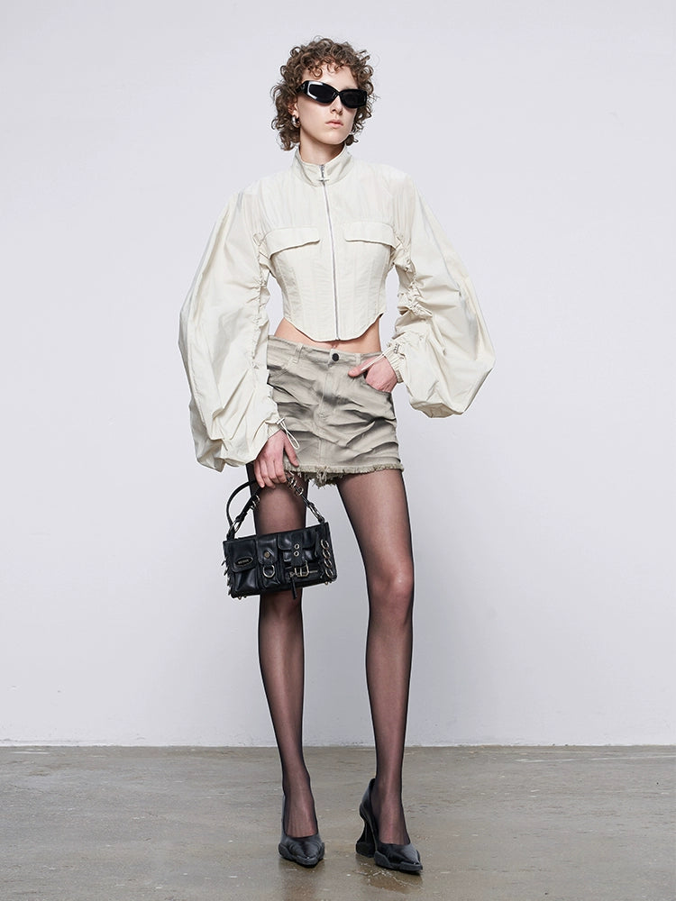 ANNAKIKI Futuristic herringbone shirred slim cropped jacket-KEANE