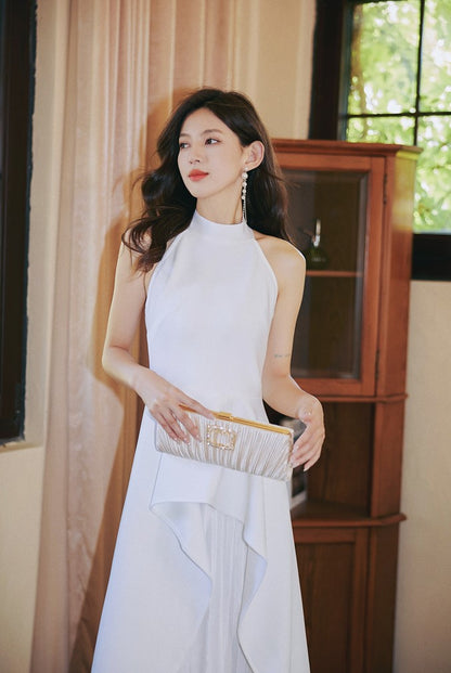 DOLLY High End White/Black Sleeveless Ruffled Halter Neck Top+ Pleated Skirt-SOLANGE