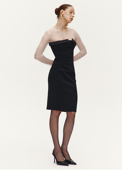 ATELIER MISS LU[Pearl Star] Fall/Winter Pearl Stitched Bow Waist Dress - JAGULAR.