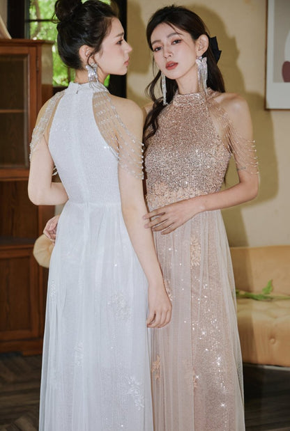 DOLLY Luxury Stand Collar Sleeveless Sequin Glitter Beads Long Nesh Cocktail Dress-SOPHIA