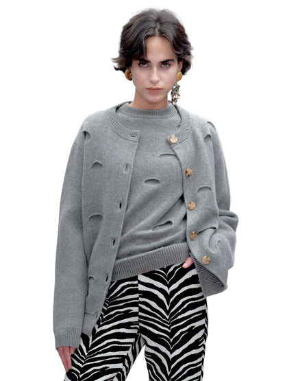 JACQUES WEI Ripped Design Merino Wool Crewneck Cardigan Jacket - ICON