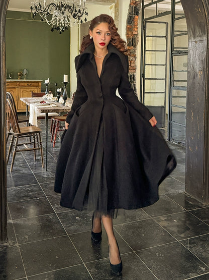 Le Palais Vintage  large skirt black woolen coat-KIA