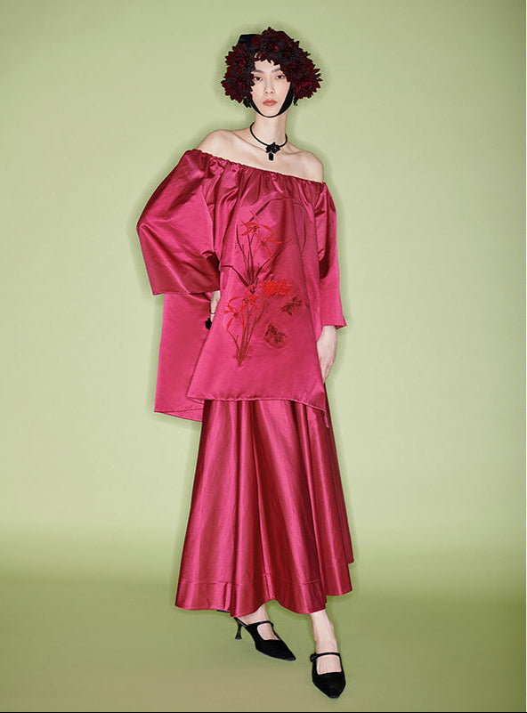 M essential Mackay designer red goldfish bead off shoulder top pleated skirt set- plum.