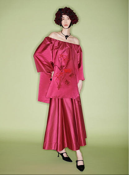 M essential Mackay designer red goldfish bead off shoulder top pleated skirt set- plum.