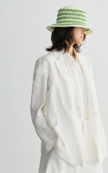 COMME MOI White Commuter Linen Notched Lapel Suit - MESSIAH.