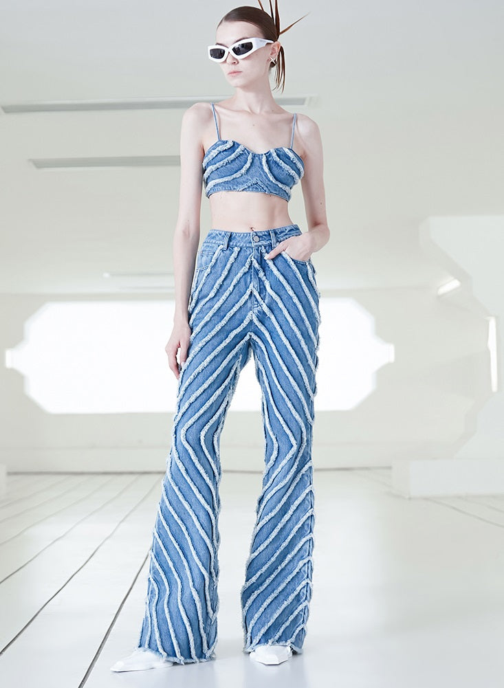 ANNAKIKI fractal shooting star raw edge denim bell bottoms-YAMEN.