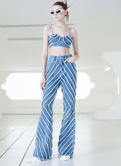 ANNAKIKI fractal shooting star raw edge denim bell bottoms-YAMEN.