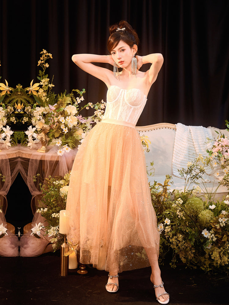 DOLLY Elegant Fake Two Piece Sleeveless Tube Top Sequin Long Dress-POLA