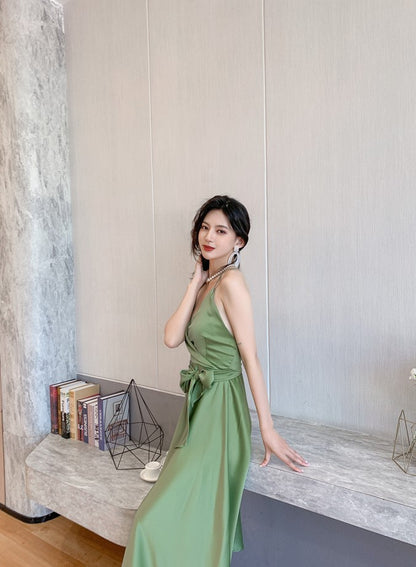 DOLLY Elegant French Style Satin V-Neck Sleeveless Backless Banquet Dress-XENA