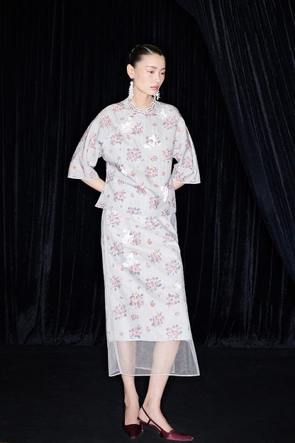 M essential Ma Kay designer Jinghe printed fabric floral nail beads top - JULY.