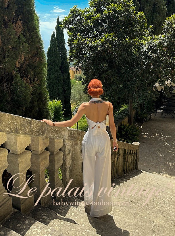 Le Palais Vintage Elegant Pure White Cotton and Linen Halter neck Vest High Waist Swing Skirt-MIA