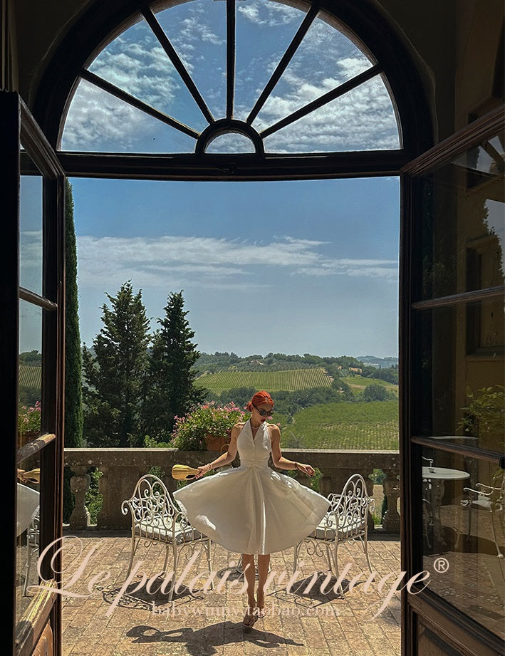 Le Palais Vintage Elegant Pure White Cotton and Linen Halter neck Vest High Waist Swing Skirt-MIA