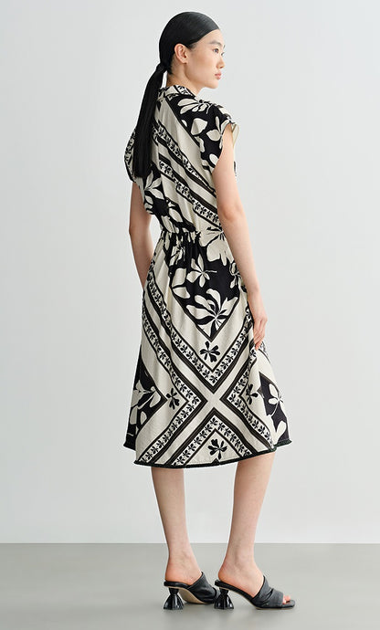 COMME MOI Lv Yan designer's new summer women's print shirred tassel waist dress - GOLDIE.