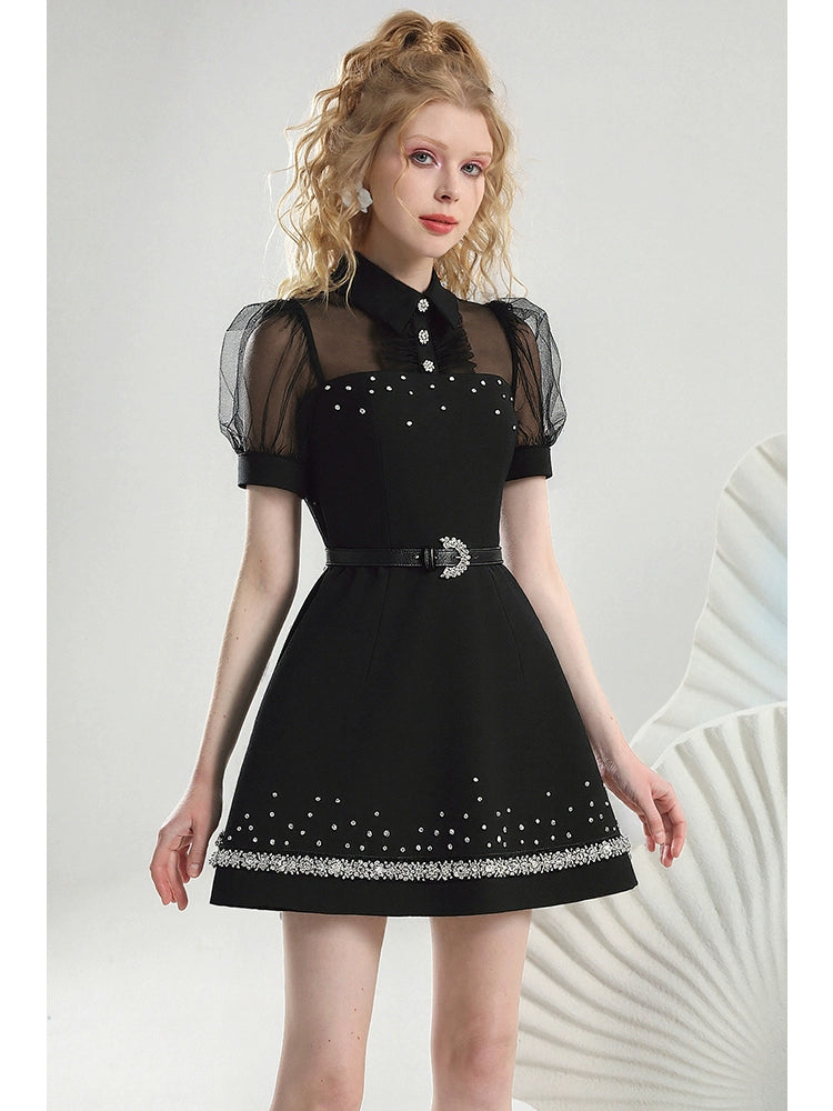 CHECOCRE summer new nail diamond mesh puff sleeves cinched waist thin little black dress - SCRUB .