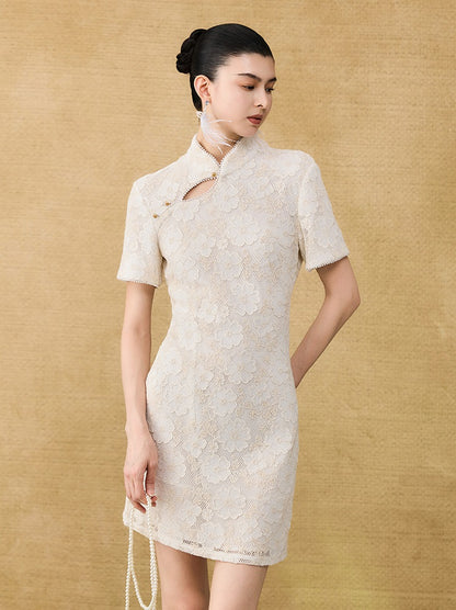 HECO Chinese style short-sleeved embossed flower summer cut-out short dress- TEMIRO.