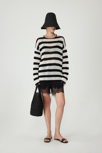 PIAOIN Striped Knitwear Women's Long Staple Cotton Crew Neck T-Shirt-NATALIA.