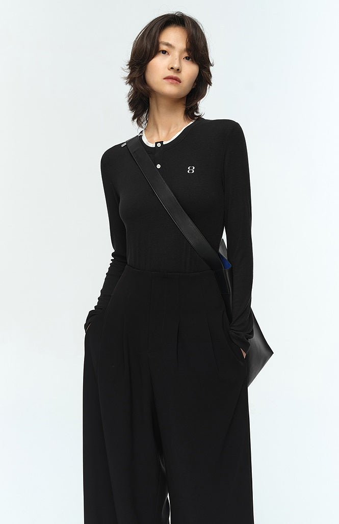 COMME MOI Lu Yan designer new women's clothing Henry collar color-blocked slim T-shirt - ENOUGH.