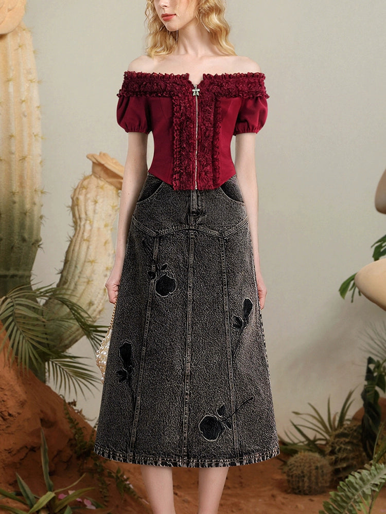 CHECOCRE summer new one-shoulder lace knit top embroidered rose denim suit skirt - HEART.