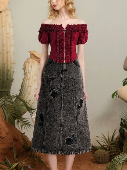 CHECOCRE summer new one-shoulder lace knit top embroidered rose denim suit skirt - HEART.