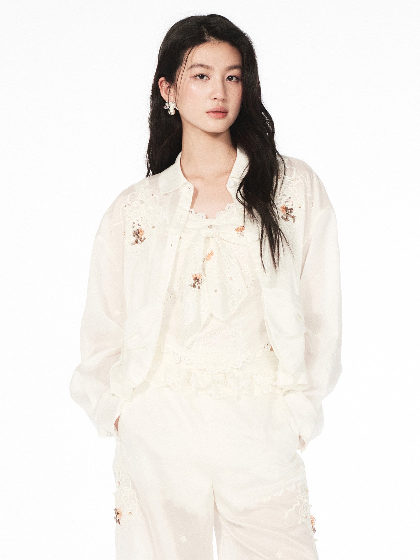FAME embroidered beaded long-sleeved shirt - GOLDY