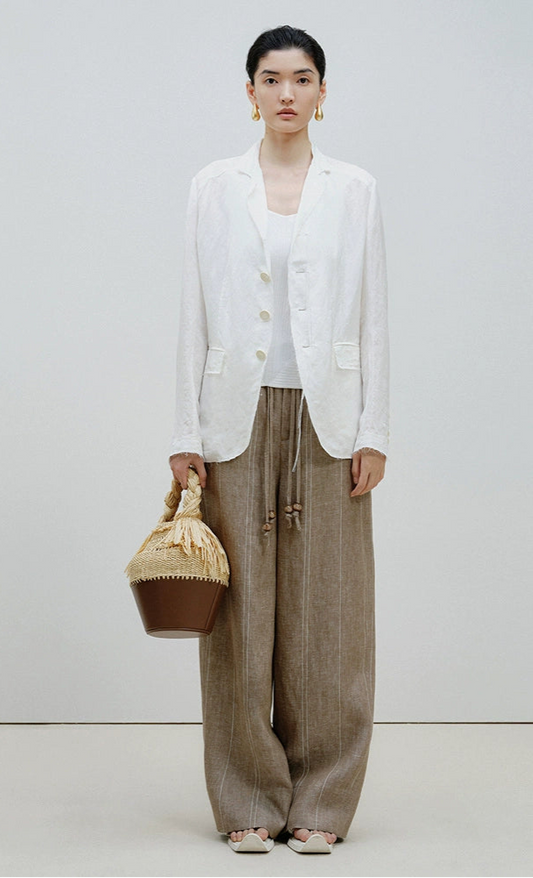ZHUCHONGYUN loose-fitting striped beaded belted linen trousers-WILLOW.