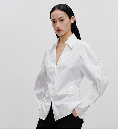COMME MOI Lu Yan designer's new women's white cotton elastic V-neck commuter shirt - GIFTED.