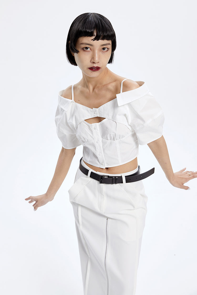 TINY IN stitched off-the-shoulder cut-out ultra-cropped women's shirts- CART