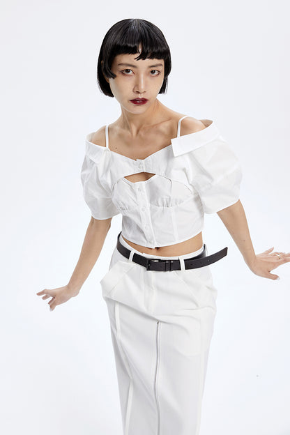 TINY IN stitched off-the-shoulder cut-out ultra-cropped women's shirts- CART